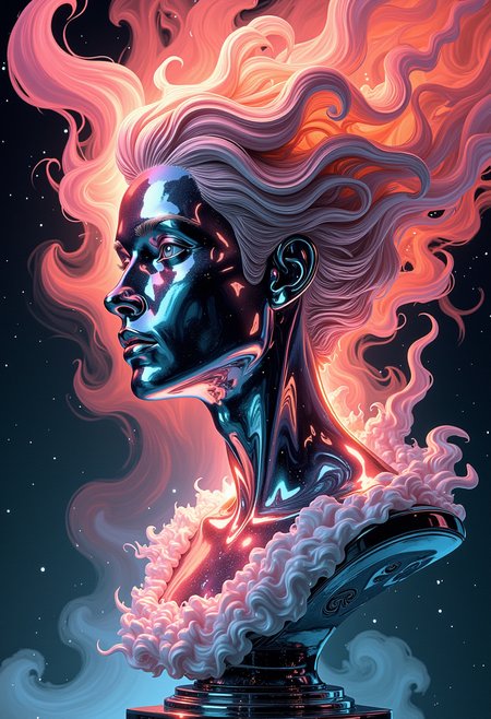 colorful art by Tang Yau Hoong, Conrad Roset and Classic Disney, The bust of a masterful Reflective bust is illuminated by the soft glow of an otherworldly light. Surrounding it are a sea of shimmering silver smoke, enveloping the viewer in its depths. , 19th-century illustration, symbolist,  inventive compositions,  stencil technique, pulp magazine illustration, German Renaissance,  caricature,  exploration of beauty and desire,  soft,  exploration of love and longing, Ukiyo-e,  female subjects, epic composition, complex artistic color composition, rich deep colors, illustrious, <lora:models\Flux\ck-candyFLUX:0.3> <lora:models\Flux\50samerica:0.3> <lora:models\Flux\dvr-chrm-flux:0.3> <lora:models\Flux\Vintage comic book:0.3> <lora:models\Flux\zavy-lch-flx:0.3>,