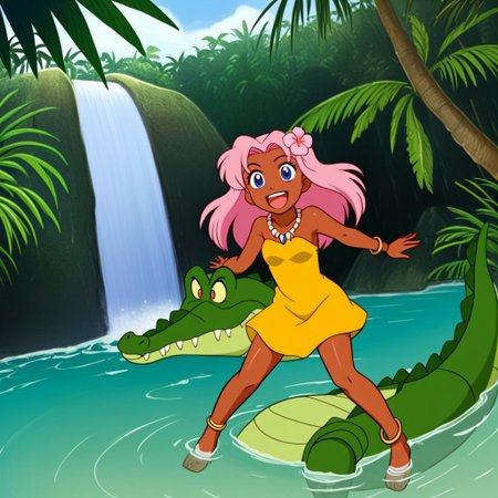 Tick tock crocodile,male animal focus,tail, crocodile open large mouth ,green skin, blue eyes, Tick Tock the crocodile is giant and very huge size,teeth, swimming in water,partially submerged,Tick Tock the crocodile looking at a young girl who she is standing on a tree branch hanging high up. Little_Girl_anime_manga,long hair,pink hair, dark-skinned female,the girl her very smal size, purple eyes, ancient tropical_clothe, chest_band,red very long_dress, jewelry, dark skin, smile, necklace,hair flower, bracelet, anklet, barefoot,open mouth,river,palm trees, jungle,view from above, Disney, waterfall,anime, manga