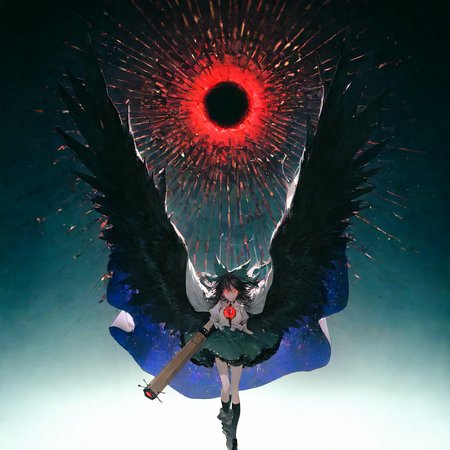 touhou, reiuji_utsuho,1girl,arm_cannon,black_footwear,black_hair,black_socks, black_wings ,bow, cape, clenched_teeth ,control_rod_(touhou), feathered_wings, glowing, glowing_eyes, green_bow ,green_skirt ,hair_bow ,kneehighs, long_hair, looking_at_viewer ,red_eyes ,shirt ,skirt ,socks, solo ,starry_sky_print, sun ,teeth ,third_eye, white_shirt, wings,
rella, rolua, negative space, cinematic shot, very awa, masterpiece, highres, absurdres, newest, wide shot,
 <lora:illustrious_noobai_epsilon_pred_11_very_aesthetic_v1:0.7> ,<lora:USNR STYLE_XL_loha:0.7>