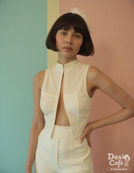 cowboy shot photo of z4hr4h kh4n woman, hyper realistic photo that is safe for work, serious, studio quality image with natural colors, well dressed wearing intricate sleeveless Ivory Palazzo Suit, hair styled as  bangs,muted pastel shaded multicolored background that contrasts with the person, cinematic lighting,âââââ âââ <lora:z4hr4h_kh4n_Zahrah_Khan_Flux_Kohya_V1:1>âââ
