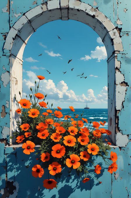 Through the arched window, a world of vibrant contrasts unfolds. The frame itself is weathered, its edges worn and textured with patches of peeling paint that hint at years of exposure to sun and sea. The archway is painted in a deep blue, almost as though it were carved from the very sky it frames, creating an inviting portal to the horizon beyond.
Inside the window's embrace, a burst of orange poppies spills outward, their petals bold and luminous against the muted tones of the wall. These flowers are not neatly arranged but rather seem to grow wild, as if nature herself had placed them there deliberately, spilling over the windowsill like a gift from the earth. Their stems are dark and slender, contrasting sharply with the fiery hue of their blooms, while delicate green leaves peek through, adding depth and life to the scene.
Beyond the window, the ocean stretches endlessly, its surface a brilliant shade of azure that mirrors the sky above. The water is calm, its surface shimmering under the sunlight, dotted here and there by small whitecaps that catch the light like scattered diamonds. In the distance, a faint silhouette of a ship glides across the horizon, its presence barely noticeable yet somehow grounding the vast expanse of water.
Above, the sky is a canvas of soft blue, lightly brushed with wisps of white clouds that drift lazily across its breadth. Birds, small and numerous, take flight, their silhouettes forming a delicate pattern against the backdrop of the heavens. They appear to be seagulls, their wings outstretched as they soar toward the open sea, embodying freedom and movement.
The overall effect is one of serene beauty, where the indoors meets the outdoors in perfect harmony. The contrast between the rustic, aged architecture and the vivid natural elements creates a sense of timelessnessâa moment frozen between the past and the present, where human touch blends seamlessly with the untamed grace of nature. It is a scene that invites contemplation, drawing the viewer into its tranquil embrace, as though offering a glimpse of paradise just beyond the threshold., <lora:FLUX\jul\J_Anime:0.7>, <lora:FLUX\RealAnime:0.7>