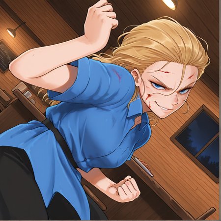 masterpiece, amazing quality, colorful, detailed background, <lora:Wendy_-_Waffle_House-000008:1> wh-waitress, 1girl, blonde hair, solo, blue shirt, clenched hands, night, injury, smirk, darkness, black pants, dynamic angle, restaurant, solo focus, blood on face, fighting stance,  blue eyes, floating_clothes, dutch angle,