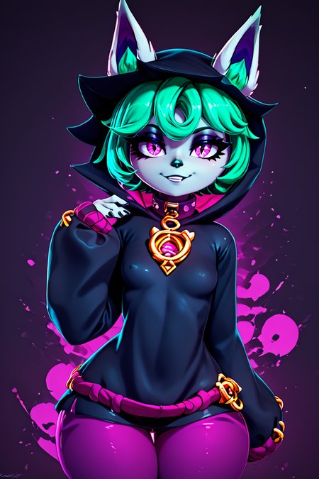 score_9, score_8_up, score_8, medium breasts, (curvy), cute, eyelashes,       BREAK, ,  zzVex, pink eyes, green hair, bangs, short hair, grey skin, colored skin, black hood, hood up, ears through headwear, white animal ears, black shirt, purple collar, golden ornament, long sleeves, sleeves past wrists, purple pants,  <lora:Vex_PDXL:1.0>,, BREAK, smile, looking at viewer, cowboy shot, ,,, embedding:zPDXL, Expressiveh, ,,, <lora:Zy0n7_PDXL:0.8>, <lora:SDXLFaeTastic2400:0.5>, <lora:Expressive_H-000001:0.4>,