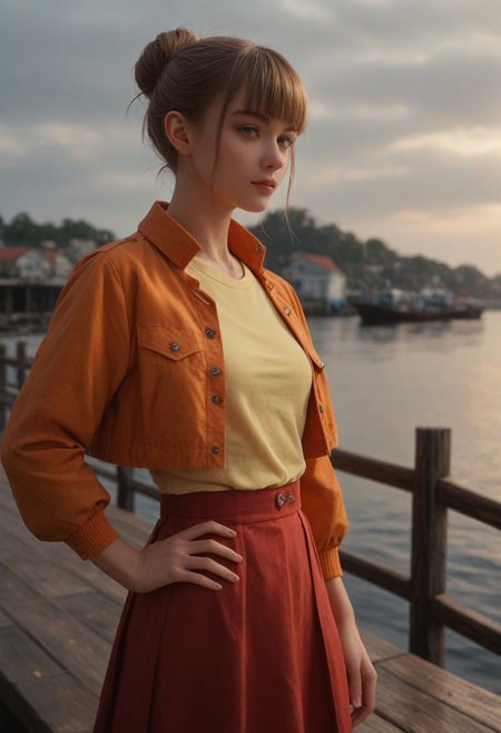 score_9, score_8_up, score_7_up, score_6_up, 
1girl, 25 years old, perfect face, (adult), sexy, 
light brown hair, blunt bangs, hair bun,  
grey eyes, 
orange jacket, yellow shirt, red skirt,
hand on own hip,
pier