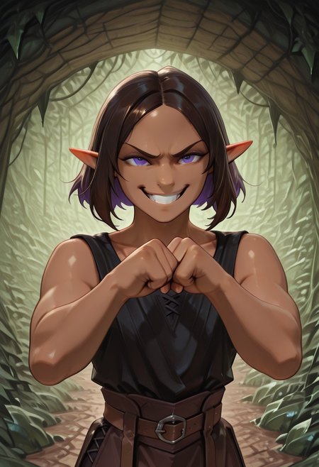 1 Lapanya, solo, Repeta, violet eyes, black sleeveless top,
Grinning, 
Fighting pose, fists,
Medieval style, Smooth colors, detailed eyes, organic cavern background, clean lines, high quality, best quality, masterpiece, rating: safe,  
source: anime,