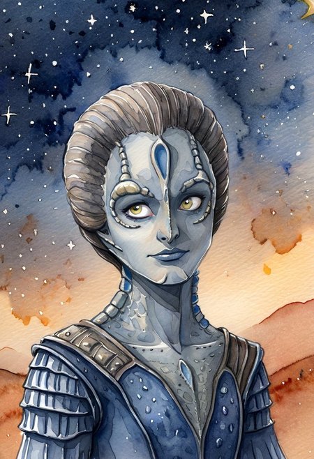 ((watercolor sketch) of a female c4rd45514n alien, forehead crest, grey skin, ridges, scales), black starry night time sky background full of stars, dressed in medieval garb