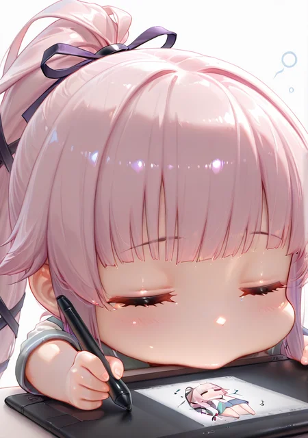 masterpiece,best quality,amazing quality,
1girl,solo,<lora:unitynaystyle:1>,unitynaystyle,
1girl,= =,bangs,blunt bangs,chibi,drawing tablet,hair ornament,hair ribbon,holding,long hair,pink hair,ponytail,purple hair,ribbon,simple background,solo,stylus,white background,yura \(kancolle\),