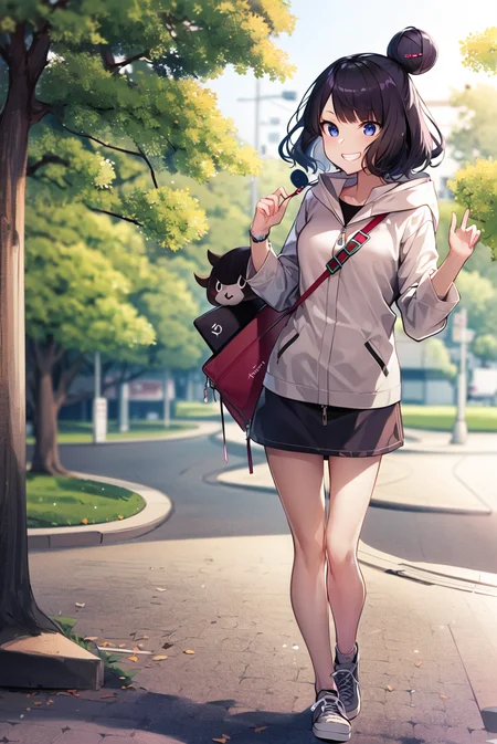 ((masterpiece,best quality, detailed)), single hair bun, hooded jacket, shoulder bag, hairpin, skirt, shoes,
katsushika hokusai \(fate\),  <lora:KatsushikaHokusaiV1-000004:0.8>, outdoors, grin