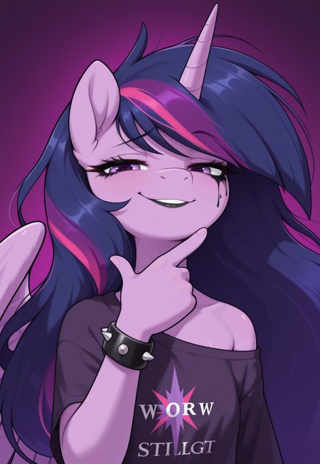 masterpiece, best quality, amazing quality, very aesthetic, absurdres, newest, solo. pony, mare, princess twilight 2, horn, wings, purple eyes, dark purple hair, long hair,  spread_wings, simple_background, braclet_on_hoof, bracelet with spikes, wearing_t-shirt, t-shirt_folds, hair color stripes, black_color_stripes, messy_hair, black_lipstick, hoof_near_face, black_makeup, anthro, bare shoulder shirt, close_up, smug_face, rock_and_roll_gesture, 