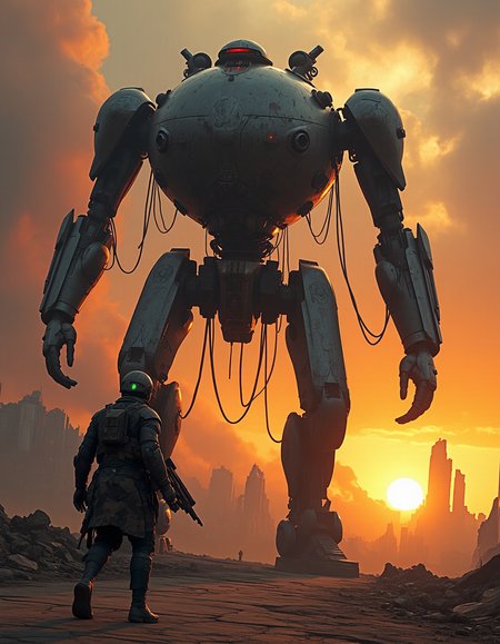 Imagine an image of a monolithic war machine, its titanium-plated hull scarred from centuries of battle, standing motionless in a vast futuristic wasteland. The sky is a sickly orange, choked with dust storms and distant plumes of industrial smoke, casting an apocalyptic glow over the crumbling remains of a once-thriving metropolis. The sentinel’s red-lit optical sensors scan the horizon, while its rust-covered limbs remain frozen mid-motion, thick cables dangling like severed tendons. A lone scavenger, clad in layered patchwork armor and a cracked helmet, approaches cautiously, their plasma rifle casting a faint green glow onto the cracked asphalt beneath them. Jagged remnants of skyscrapers rise in the distance, their shattered glass facades reflecting the dying sun. The composition is grim and dystopian, with hyper-realistic environmental texturing and a focus on atmospheric lighting from swirling dust storms.