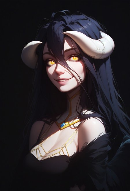 Blend_in, black background, score_9, score_8_up, score_7_up, masterpiece, best quality, absurdres, vibrant, highly detailed, very aesthetic, portrait, 1girl, solo, slimes_albedo, black wings, black dress, looking at viewer, (smile:0.8)