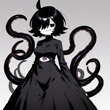 <lora:Mammon:1> 1girl, solo, black hair, ahoge, short hair, long sleeves, tentacles, black eyes, white skin, colored skin, black dress, large breasts, hair over one eye, smug, long dress