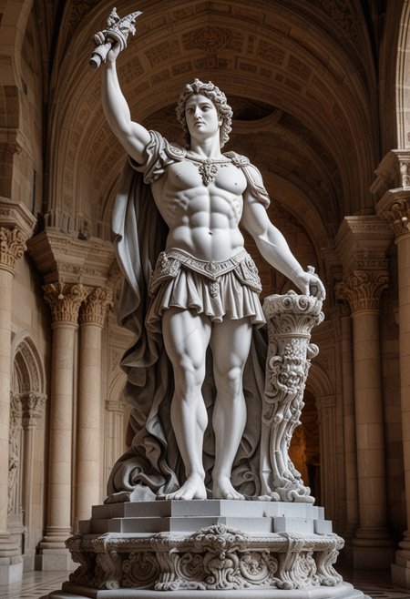 (medium full shot) of (magnificent granite statue) in a dynamic action pose,  , with ornate breastplate,   located in  a majestic castle, featuring towering spires, grand halls, intricate tapestries, serene courtyards, stylish seating , Masterpiece,best quality, photo, realistic, very aesthetic,