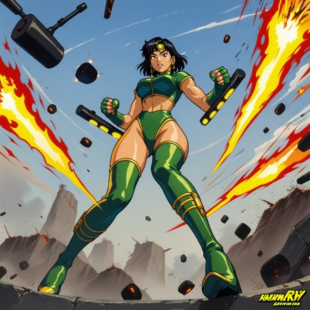 score_9,score_8_up,score_7_up,score_6_up,score_5_up,score_4_up BREAK <lora:black_orchid-v0_pdxl:0.8>,black orchid,1girl,short hair,black hair,green nails,thighhighs,gloves,high heels,thigh boots,green footwear,fingerless gloves,crop top,headband,green leotard,earrings,jewlery,1990s (style),Asian,tonfa,weapon,cover page,action pose,fire,explosions,from below,