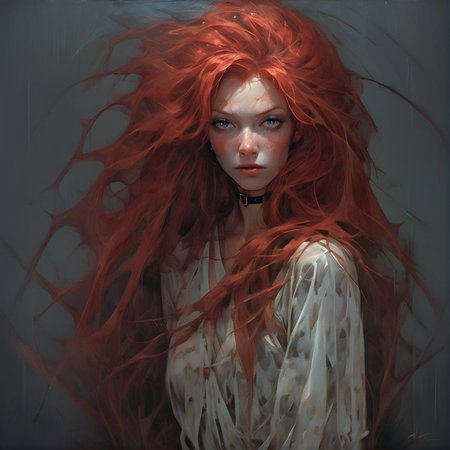 Full body photo of a beautiful spider woman, adorable face, red long layered hair, no makeup, realistic skin texture, inspired by Alessio Albi, f1. 4, 85mm lens, hyper realistic , lifelike texture, dramatic lighting, professional shot, heavy shadows, dynamic pose, innocent look, highly detailed,  light casts beautifully on subject,   <lora:mjilluminate-000010:1>