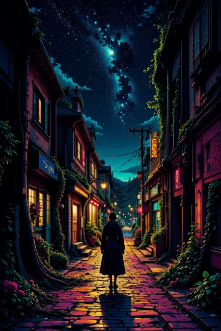 alleyway beautiful  landscape, bright luminous night, woman, very intricate, very detailed, sharp, bright, colorful, <lora:Hand v2:0.5> <lora:Anti-Blur:1><lora:Insane Detail Slider:0.25>  <lora:flux.1_lora_flyway_Epic-detail_v2:0.3> <lora:fluxenhancer:0.25> <lora:ck-Neon-Retrowave:0.4> ck-rw, in the style of ck-rw,  <lora:Neurocore Anime Cyberpunk:0.8> A digital artwork in the style of cknc