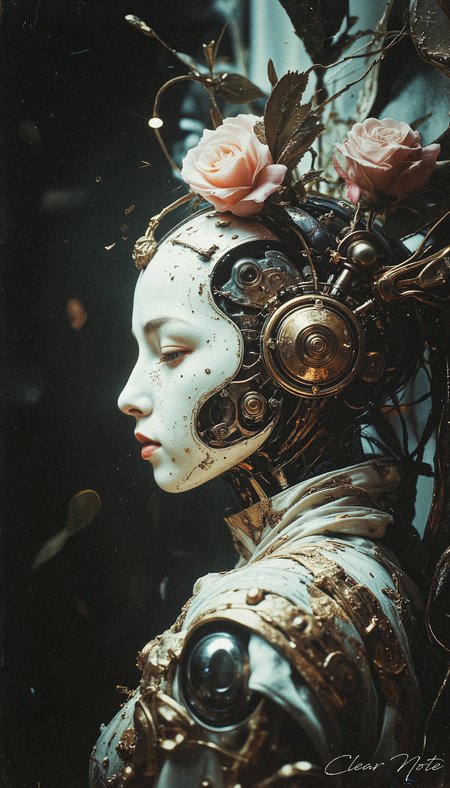A flawlessly crafted, pure white cyborg stands in serene stillness, its intricate design glowing softly. A delicate, wistful expression graces its face, evoking a blend of elegance and fragility.