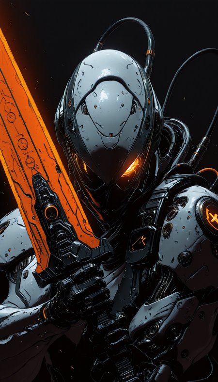 holding weapon, fighting stance, holding  buster sword,huge weapon,, WCG-Illu,, kaarea masterpiece, best quality, high quality, ultra-detailed, realistic,  traditional media, vivid_color, high contrast, speed lines, move_effects, action Create a detailed digital artwork of a futuristic robotic head. The style is realistic with a touch of sci-fi, evident from the intricate design and the glowing orange accents on the visor. The main subject is the head, which is predominantly white with hexagonal patterns and is adorned with various mechanical components, including gears, tubes, and other mechanical parts. The background is dark, which accentuates the robot's features and gives the image a mysterious and advanced feel. The color palette is dominated by shades of white, orange, and gray, with the orange accents providing a striking contrast. The overall mood of the image is one of sophistication and technological advancement. solo, simple_background, no_humans, glowing, black_background, portrait, robot, science_fiction, cable, mechanical_parts, humanoid_robot,    holding weapon, fighting stance, holding  buster sword,huge weapon,, WCG-Illu,, kaarea