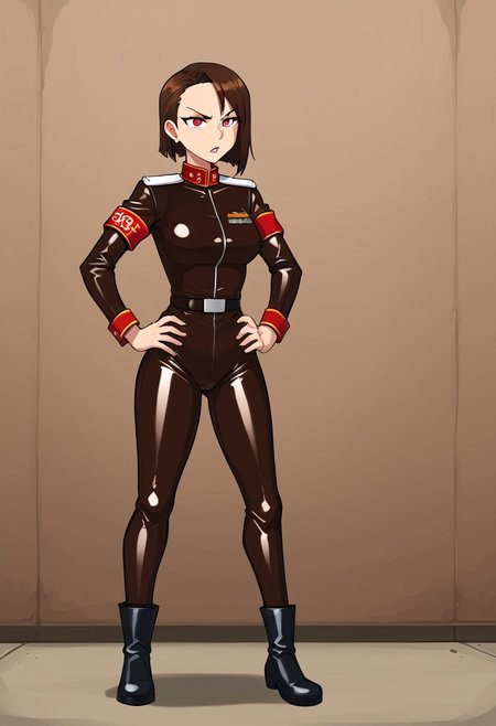 RA2Zofia,short hair,brown hair,asymmetrical bangs,red eyes,standing,hands on hips,brown clothes,uniform,military uniform, latex bodysuit,boots,armband, firing from ak47rfs, ak47rfs, ak47rfs hands, ak47rfs shooting, in her hands, indoors,bunker,underground,concrete,command center, ak47r