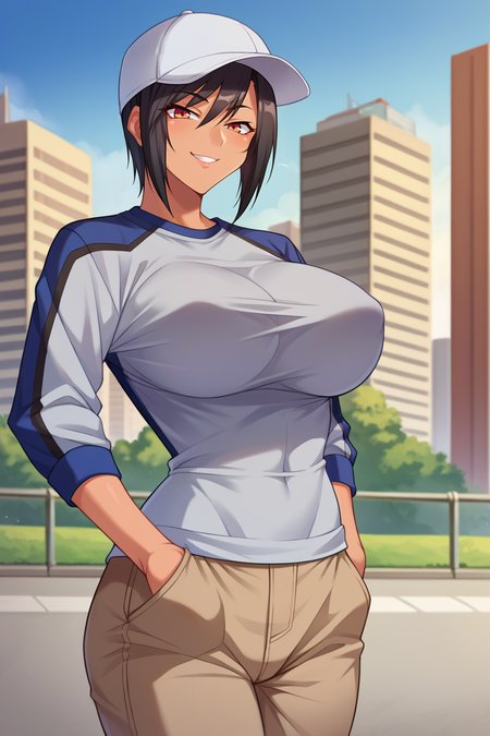 score_9, score_8_up, score_7_up, score_6_up, source_anime, BREAK 1girl, solo,  <lora:naomievans-pdxl-nvwls-v1-000005:1> pbNaomi, tan skin, black hair, large breasts, baseball cap, grey shirt, long sleeves, brown pants, hands in pockets, city, blue sky, smile