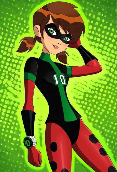 masterpiece, best quality, 1girl,  girl is a very feminine, very girly, large boobs, cute, innocent, female version of Ben Tennyson, very long, straight, brown hair, green eyes, wearing the Miraculous Ladybug costume complete with mask. oft_ldybg, domino mask, red polka dot bodysuit,Ribbons holding his hair in pigtails. BTF_ben10, left wrist watch, brown hair, green eyes,Style is of the Ben10 cartoon.  detailed background, dynamic angle, volumetric lighting, intense spotlights below, godrays