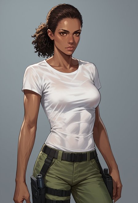 score_9, score_8_up, score_7_up, score_6_up, source_realistic, BREAK serious, 1girl, nadine, dark skin, dark skinned female, ponytail, tshirt, green pants, holster, breasts,