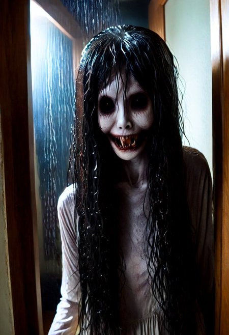 Cinematic realistic, highest quality photograph, insanely real life like, extremely photorealistic,  a terrifying ghost, woman, 1girl, (((nukekubi that who's (((head is detached))) from her body))), (((very ghostly appearance, spectral, apparition))), (((Peeking out from around the door frame of an open bedroom door leading to a dark hallway (((by holding her head up by grabbing her own hair as a handle))) to a latern))),  ((((only half her face is visible with her head tilted as if some was trying to sneak a peek into a room))), (((unnaturally (((long neck))) leading out of sight behind door frame)), (((evil, creepy smile as she stares directly at you))) , long black greasy hair with strands fallling down as her head is sideways peeking))), soft glow in the bedroom from the window on a full moon night,(((detail bedroom and hallway))), very dim but actually glowing eyes, depth of field, extremely detailed, (((creepy))), (((scary))), (((haunting))),(((terrifying))),<lora:WildcardX-XL-Detail-Enhancer:1.5>
horror, blood, smile, ghost, anamorphic film style,special effect bokeh style,Hollywood Anamorphic format film style,(((japanese ghost woman,long black hairs,hair fringe, wet,dirty clothes,threatening,piercing eyes,aggressive)))