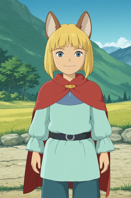 ghibli style, screencap,   1boy, evan, animal ears, blonde hair, blue eyes, short hair, cape, blunt bangs, parody, smile, outdoors, look at viewer,   outdoors, cowboy shot,   <lora:Evan_Pettiwhisker_Tildrum_Ni_No_Kuni_2:1>