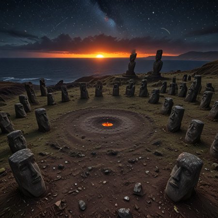 A desolate, apocalyptic landscape unfolds before us, where a circle of giant+++ stone heads+++ like easter island Rapa Nui against the ominous backdrop of an eclipse. The sun, once radiant, now hangs in a fiery ring, shrouded by darkness. Above, stars twinkle like diamonds scattered across the inky canvas of night. From our vantage point on the hillside, the town's silhouettes stand out against the surreal tableau, as if suspended between day and night.