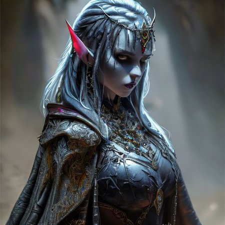 RAW photo, (masterpiece:1.3), subsurface scattering, heavy shadow, (high quality:1.4), (intricate, high detail:1.2), professional photography, HDR, High Dynamic Range, realistic, ultra realistic, photorealistic, high resolution, film photography, ambient lighting, atmospheric effects, <lora:detail_slider_v4:2>, OverallDetail, a female drow ranger, dark makeup, intricate leather armor with leaf patterns, jewelry, cape, tiara, large breasts, looking at the viewer, <lora:Drow:0.8>, epiCPhoto