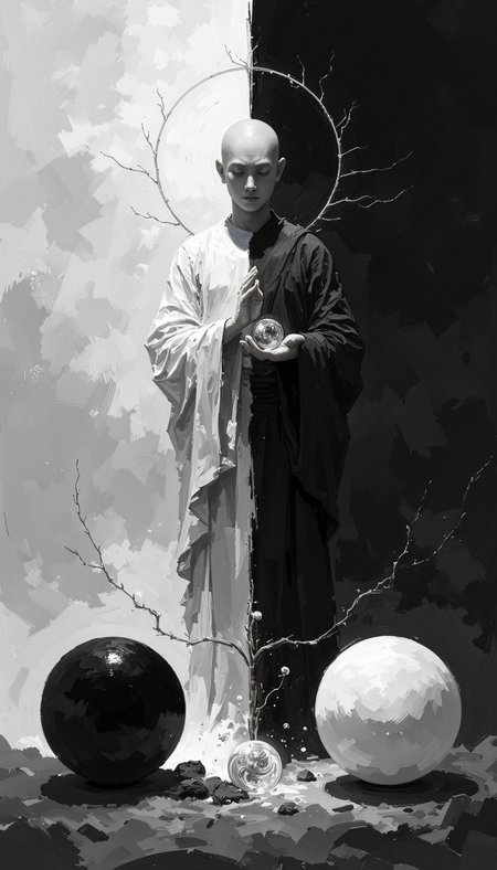This artwork is a visually arresting representation of duality, balance, and enlightenment. The central figure’s serene posture and divided form are contrasted with the dynamic, swirling background, while the hovering spheres provide additional layers of symbolism. The grayscale palette enhances the focus on light and shadow, making the composition feel timeless and introspective. It invites the viewer to ponder themes of unity, opposition, and cosmic balance.