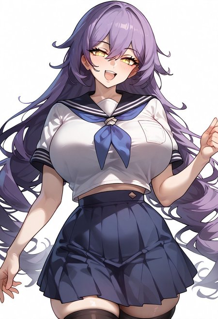 <lora:PONY-c»-Eboraart:0.7> ,score_9. score_8_up. score_7_up. score_6_up. score_5_up. score_4_up, source_anime, 1girl, solo, calm, smile, smirk, seductive, squinted eyes, blushing, open mouth, 1girl, very_massive breasts, wide hips, thin waist, thick thighs, sirin_(honkai), purple hair, long hair, bangs, yellow eyes, serafuku, blue neckerchief, white shirt, short sleeves, blue skirt, pleat skirt, black stockings, cowboy shot, white background, simple background, uncensored,<lora:add-detail-xl:1>,complex background,