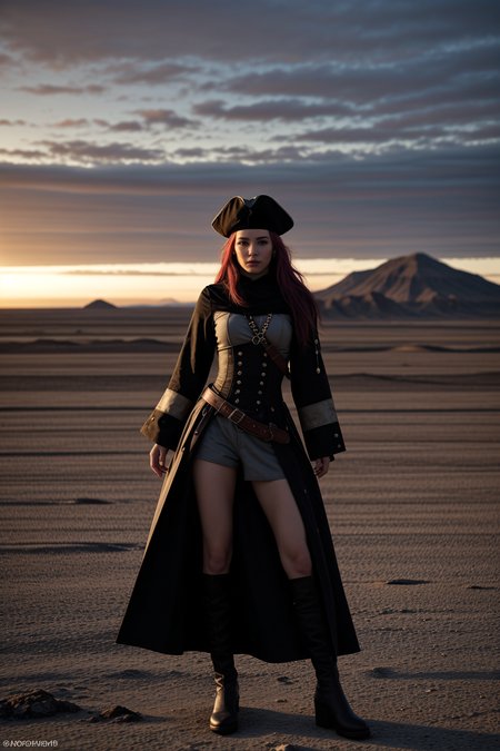 pirate queen,  in the stark light of a barren landscape, ethereal energy storm in the sky in background. Award-winning, professional, highly detailed. <lora:picxer_real:0.7>, (HDR, High Dynamic Range, vibrant colors, high contrast, detailed, UltraHD, 8K, cinematic, 80mm, high detail)