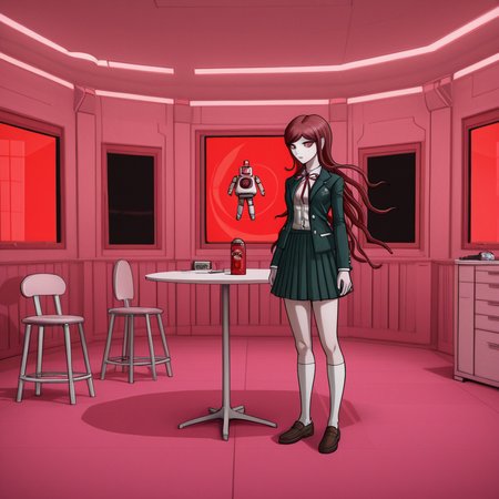 masterpiece, best quality, absurdres, <lora:Danganronpa_Locations:1>,  danganronpa sprite style, danganronpa_sprite_style , <lora:Ryoko_Otonashi:0.2>, danganronpa/zero, danganronpa_(series), otonashi_ryouko, 1girl, breasts, red_eyes,red_hair, grey_jacket grey_skirt, dress_shirt, white_shirt, jacket, kneehighs, loafers, long_hair, long_sleeves, neck_ribbon, open_clothes, open_jacket, pleated_skirt, red_ribbon, ribbon,school_uniform, shirt, shoes, skirt, socks, solo,white_socks , pink_room,red_decorations,robot,oval_windows,pink_furniture,red_light,futuristic_interior,pink_walls,round_table,robot_character,red_accent_lighting,cylindrical_robot,retro_science_fiction,circular_pictures,bright_lighting,pink_floor,pink_theme,stool,spotlight_effect,floating_robot,danganronpa,danganronpa_(series),danganronpa_2:_goodbye_despair,danganronpa 2,danganronpa sprite style,danganronpa_sprite_style