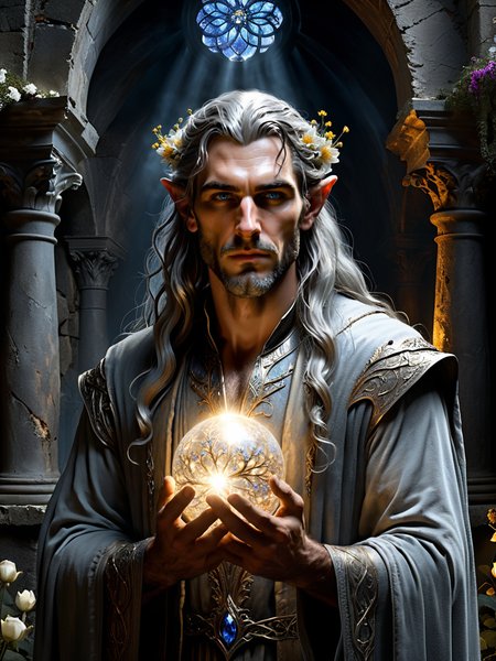 score_9, score_8_up,score_7_up, score_6_up, score_5_up, score_4_up,  full body, a (((man))) with flowers in his hair, cradling a shining light ball, , Sorcerer, standing in ruins, conjuring light, illumination behind body, blue eyes, grey beard, clothed like galadriel,   bushy eyebrows, long grey hair, art station front page, cold colors. insanely detailed, forbidden handsome, avatar image, beautiful deep colors, awe sublime