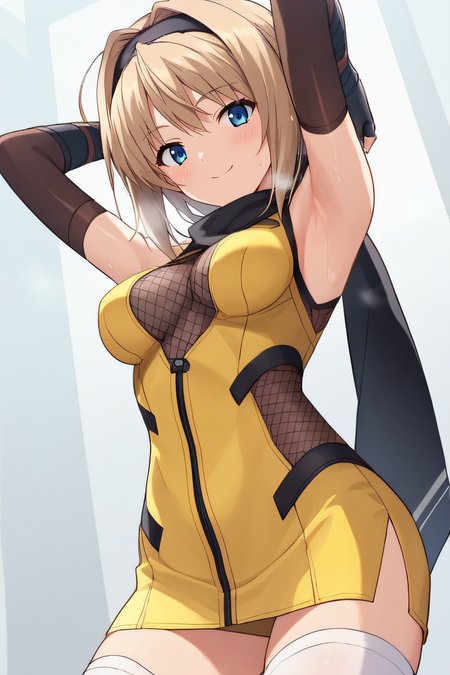 score_9, score_8_up, score_7_up, source_anime, rating_safe, intricate details, anime screencap, official style, 1girl, solo, <lora:Haruka:1>, haruka, long hair, light brown hair, low ponytail, hairband, blue eyes, black scarf, ninja, yellow clothes, medium breasts, fishnet cleavage, white hair ribbon, fingerless gloves, black elbow gloves, zettai ryouiki, micro skirt, white thigh highs, smile, cowboy shot, hands behind head, armpits, breath, sweaty body, blush, from below