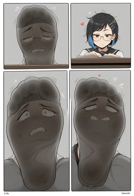 score_9, score_8_up, score_7_up, 
comic panels,2panels ,
[panel1 ： detailed , 1girl, (black hair:1.1), highlights in hair, blue highlights, bob cut hair style, messy hair, hair clip, hazel eyes, square frame glasses, black frame glasses, school uniform, short skirt, blue and white socks,  school，classroom,sitting on a chair,] ,
[ panel2 ：Stretch out your socked feet, the soles of your socked feet, the focus of your soles,Looking from below, looking down,]manga page,manga layout, panels, manga panels, page layoutcomic panels, manga page, speedlines, cover,  hearts, living socks, socks have detailed faces on soles, dirty socks, smelly socks,