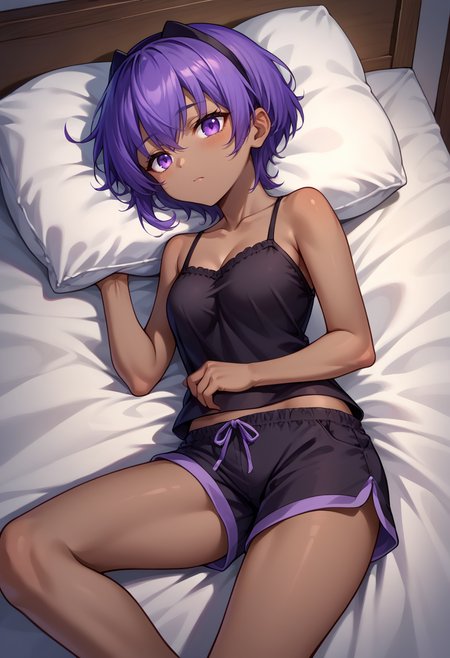 score_9, score_8_up, source_anime, HassanOfSerenity, dark-skinned female, purple hair, purple eyes, short hair, black hairband, sleepwear, camisole, shorts, on bed, night, <lora:ChamHassanOfSerenityPonyXL:1>