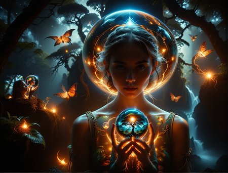 ethereal fantasy concept art of  
 <lora:bubble_watercolours_LCM:0.8>Dubrec styleï¼Girl head portraitï¼Jungle mountains image foregroundï¼ï¼multiple exposureï¼1.8ï¼ï¼Complex illustrations in surrealist art styleï¼Surreal dreams  <lora:ral-exposure:0.8> ral-exposure  A surreal forest guardian, holding a glowing orb
 . magnificent, celestial, ethereal, painterly, epic, majestic, magical, fantasy art, cover art, dreamy