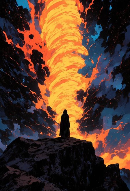 A lone figure stands on a jagged rock at the edge of a vast cosmic abyss, silhouetted against a towering vortex of swirling nebulae. The clouds shimmer in fiery hues of orange, crimson, and golden yellow, blending into deep blues and blacks, filled with glowing stars and scattered cosmic dust. The vortex spirals upward into infinity, radiating intense light at its core, creating a surreal, celestial tunnel.
The figure, shrouded in shadow, gazes upward in awe, dwarfed by the immense scale of the scene. The ground is dark and textured with rugged details, illuminated faintly by the celestial glow. The atmosphere is vast, dramatic, and filled with cosmic energy, emphasizing the smallness of the observer against the infinite universe.