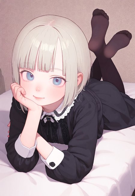 safe_pos, (((masterpiece,amazing quality,best quality,ultra-detailed,8K,illustration, amazing quality, newest, absurdres, realistic))), vivid colors, BREAK cute face, 1girl,

gothic,  ((micro bangs, straight bangs cut high above the eyebrows)), pale skin, hime cut, bobcut hair, 
victorian clothes, 

black tights, matte black tights, thick black tights,

hyper detailed, ((details, laced patterns)),(((vintage))), laying on bed, laying on stomach,
feet up, toes, 

chin resting on hand, large angle,