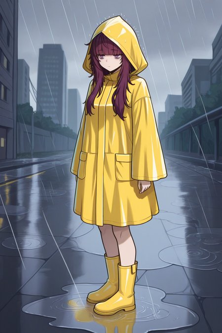 masterpiece, best quality, 1girl, solo,  <lora:eta-illu-nvwls-v1-000006:1> sdeta, purple hair, blunt bangs, long hair, purple eyes, pointy ears, yellow raincoat, messy hair, hood up, rain, grey sky, yellow rain boots, puddle, city, bags under eyes