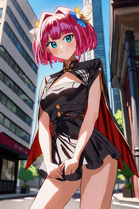 (1girl:1.2),(solo:1.2),by ryusei hashida,masterpiece,best quality,aesthetic,beautiful,beautiful color,amazing quality,detailed clothes,hair ornaments,pose,street background,smile,cowboy shot,nice hands,perfect hands,