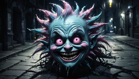 pastel vibrant silly grotesque face in a noir environment at night time,  highly detailed, backlight, hdr