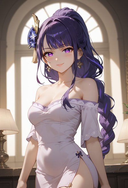 score_9, score_8_up, score_7_up, score_6_up, masterpiece, best quality, absurdres, cinematic, dynamic angle, perfect composition, solo, 1girl, medium breasts, Raiden Shogun, purple eyes, purple hair, very long hair, braided ponytail, hair ornament, hair flower, mole under eye, off-shoulder mini dress, golden jewelry, side slit, high ponytail, soft evening lighting, sparkling earrings, luxurious interior, confident pose, smile, blush, looking at viewer,