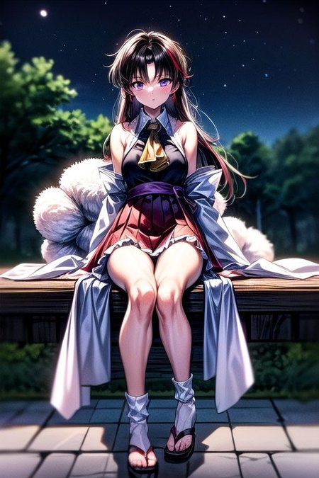 masterpiece,  best quality 1girl Setsun4 solo long hair,  (night time) forest background black hair very long hair purple eyes multicolored hair armor (fur trim) (medium body),<lora:EMS-179-EMS:0.800000>,<lora:EMS-293862-EMS:0.800000>ascot, bare shoulders, black footwear, detached sleeves, embellished costume, frills, japanese clothes, nontraditional miko, red skirt, sandals, sarashi, skirt, socks, white sleeves, white socks, wide sleeves, yellow ascot, zouri, armor, miko