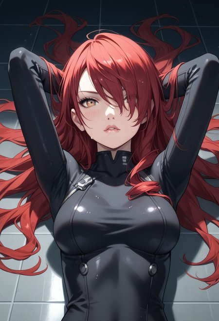 masterpiece,best quality, highly detailed, score_9, score_8_up, score_7_up, score_6_up, source_cartoon, p3mitsuru, kirijou mitsuru, long hair, red hair, hair over one eye,
 BREAK
 BREAK
1girl, close-up, chrome floor, space station, reflective floor, dim lighting, large breasts, wet skin, flushed cheeks, messy hair, sweaty, sensual expression, biting lip, detailed textures, glossy liquid, raw emotion, explicit focus, eye contact, erotic tension, intimate atmosphere, laying on floor, on back,, hair in face, looking at viewer, bodysuit, black bodysuit, arms behind head, upset, close-up, skin-tight, 
 BREAK
dynamic light, cold_light, vibrant colors cold_colors, soft focus, high contrast, textured surfaces, depth of field, rgb lighting, dramatic shadows, rich details, blue color palette, playful composition.
,dynamic angle,dynamic light,background,