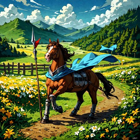 score_9,score_8_up,score_7_up,best quality,masterpiece,super detailed,extreme detailed,full_body,zPDXL BREAK (nature:1.1),(field:1.1),
<lora:Pony_DetailV2.0:1> BREAK 1girl,Cavalier,knight,armor,cape,gloves,horse,horseback riding,holding spear,fighting stance,<lora:Cavalier-v2-pony-000028:1,