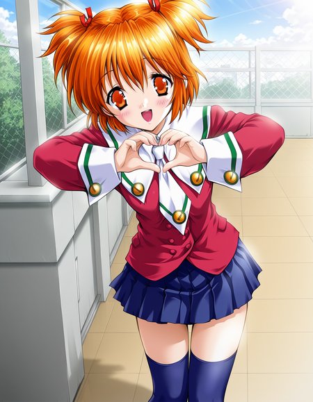 masterpiece, best quality, amazing quality, very aesthetic, absurdres, official art, ultra detailed, game cg, 
1girl, solo, komatsubara_taeko, orange hair, twintails, short hair,  orange eyes, 
school uniform, blue skirt, blue thighhighs, BREAK
blush, smile, open mouth, looking at viewer, 
standing, heart hands, 
upper body, in Schoolyard, day, best hands<lora:Komatsubara Taeko v1.0-000014:1>