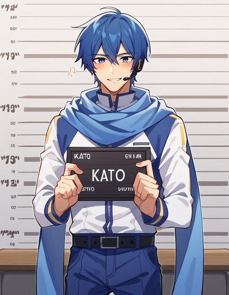 score_9, score_8_up, score_7_up, source_anime, <lora:vocaloid-kaito-ponyxl-lora-nochekaiser:1>, kaito, kaito (vocaloid), blue eyes, blue hair, male focus,, belt, blue pants, blue scarf, blue shirt, coat, headset, microphone, pants, scarf, see-through clothes, zipper, classroom, desks, chalkboard, students, teacher, smile, <lora:barbie-mugshot-ponyxl-lora-nochekaiser:1> barbie mugshot, barbie mugshot (meme) height mark, holding sign, nameplate, height chart, sign, meme, blush, cowboy shot, looking at viewer, solo,, dutch angle, cowboy shot